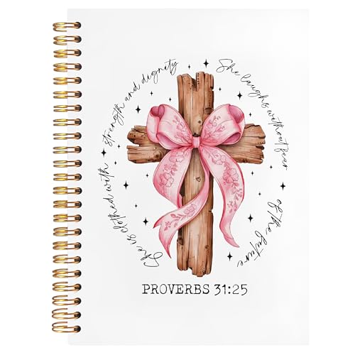 BearCake Proverbs 31 Woman Christian Notebook Journal, Preppy Christian Gifts for Women, Pink Coquette Bow Prayer Journal for Women, Bible Journaling Hardcover Spiral Notebook 5.5x8.3 - color: white Bible-31/25