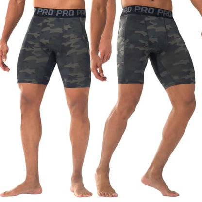 LANBAOSI Mens Compression Shorts with Phone Pocket Running Gym Yoga Athletic Tights Baselayer Summer Cool Dry Underwear Pack - color: Camo Green, size: X-Large