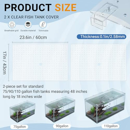 Colingmill 2 Pcs Aquarium Acrylic Fish Tank Lid Covers for 70/75/90/110 Gallon, 48 X18 Glass Cuttable Canopy Top Net, Anti-Jump Net with Clips (Each 22.68 x 16.93 x 0.1in) - size: 23 x 17 Inch