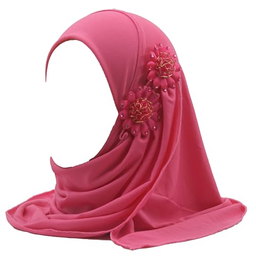Soft Instant Hijab for Kids Girls Muslim Headscarf Islamic Scarf Shawl Wrap with Flowers - color: Rose Red-2 Flowers