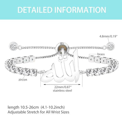 Allah Bracelet for Men and Women, Zircon Tennis Chain Adjustable Low Sensitivity Islamic True God Jewelry for Husband Wife Mom Dad's Religious Belief Gift - color: white