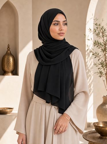 Women’s Chiffon Hijab Scarf - Heavyweight Solid Color Shawl & Wrap, Soft Breathable Headwrap for All Seasons - color: Mcgjxfs2604-black
