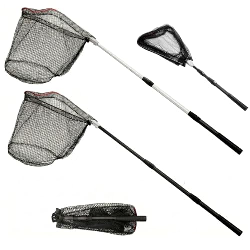 2 Pack Fishing Net with Telescopic Pole Handle, Fish Landing Net with Sturdy Collapsible Handle, Folding Nylon Mesh Landing Net for Saltwater and Freshwater, Extend to 51 in(Black, White)