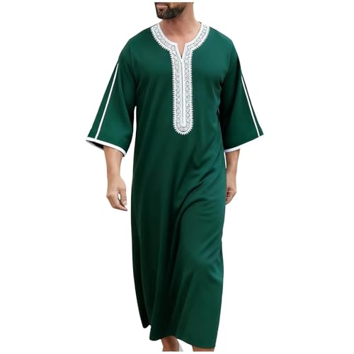 Lmdudan Men Islamic Kaftan Robe - Men's Long Sleeve Dubai Clothes - Men Muslim Robe Eid Muslim Thobe Abaya Robes with Pocket - color: Green, size: XX-Large