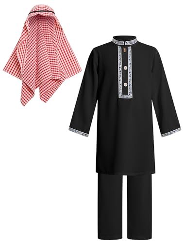 IDOPIP Muslim Baby Boys Prayer Clothes Kaftan Thobe Arabic Islamic Abaya Dubai Robe with Pants Head Scarf Ramadan Eid Outfit - color: Black + Shemagh, size: 12-18 Months