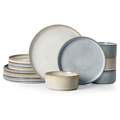 Famiware Star Stoneware Dinnerware Set, Reactive Glaze Plates & Bowls for 4 - color: Cappuccino & Smoky Blue