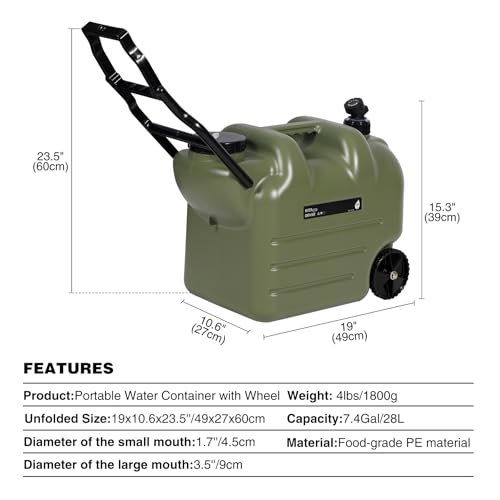 REDCAMP 7.4 Gal Water Container with Wheels & Spigot | Portable Rolling Emergency Camping Water Jug with Folding Handle | BPA Free Food Grade Water Storage Tank for Camping, 2 Pack(28L, Green) - color: Green 28l, 2 Pack