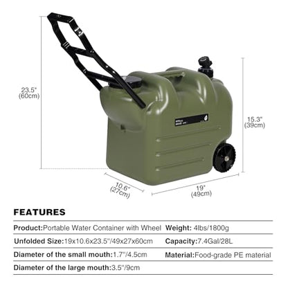 REDCAMP 7.4 Gal Water Container with Wheels & Spigot | Portable Rolling Emergency Camping Water Jug with Folding Handle | BPA Free Food Grade Water Storage Tank for Camping, 2 Pack(28L, Green) - color: Green 28l, 2 Pack