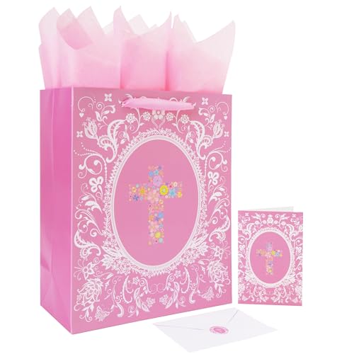 13'' Large Floral Religious Gift Bag Set with Handles, Greeting Card, Gold Tissue Papers and Stickers for Women Girls for Girls Women, for First Communions, Baby Girl Baptisms, Christenings, Religious Occasion, Clergy Day, Cross Design, 1 Pcs