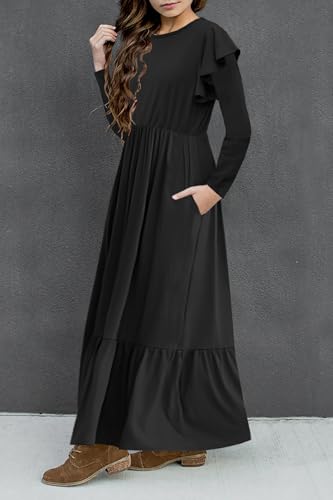 HOSIKA Girls Fall Ruffle Long Sleeve Crew Neck Loose Casual Flowy Tiered Maxi Dress with Pockets for 6-12 Y - color: Balck, size: 8 Years