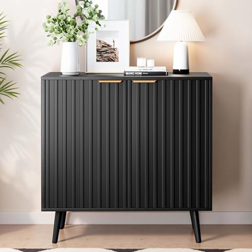Fluted Storage Cabinet, Buffet Cabinet with Storage, Wood Sideboard with Adjustable Shelf, Modern Accent Cabinet & Console Table for Entryway, Living Room, Dining Room, Black - color: Black, size: 1 Piece