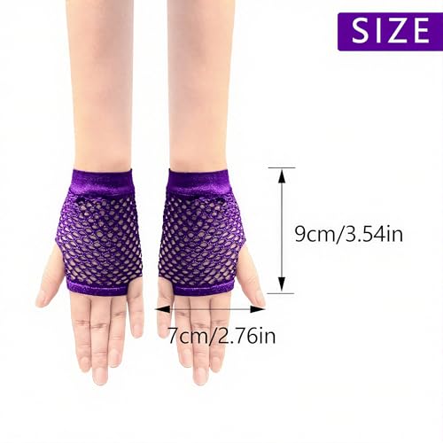 Short Fishnet Gloves for Women Fingerless Mesh Fishing Net Gloves 80s Fish Net Arm Sleeves Halloween Party Cosplay Costume - color: Purple
