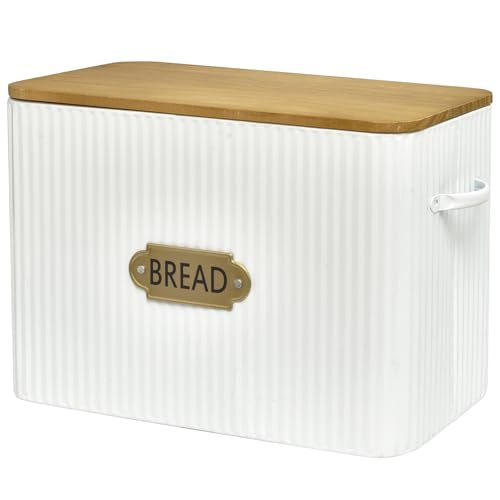 EMAX HOME Vertical Stripes Extra Large Space Saving Farmhouse Bread Box with Wood Lid - Holds 2 Loaves - White Vertical Breadbox Bread Storage Bin Holder for Kitchen Countertop - color: Vertical Grain Embossing