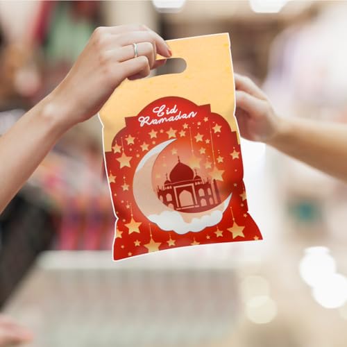 40pcs Eid Mubarak Favor Bags with Die Cut Handles, 4 designs - Muslim Mosque Moon Stars Lantern Print Goodie Candy Snack Plastic Gift Bags Pouch for Eid Al-fitr Islamic Diwali Ramadan Theme Party Favor