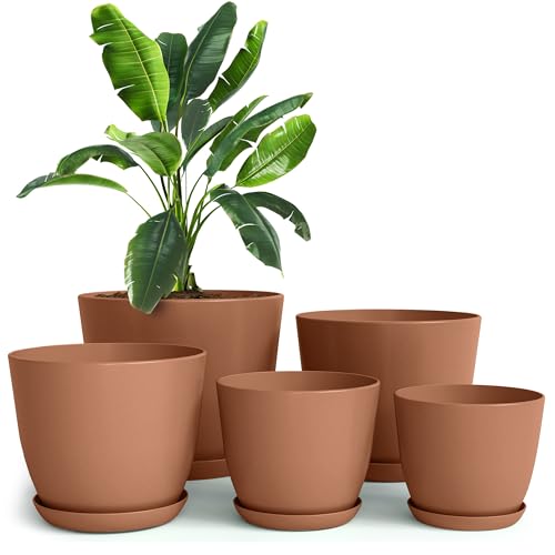 Plant Pots Indoor with Drainage, 5 Pack Multi-Size Planters Set, Terracotta | Drainage holes included Multiple sizes 7/6.6/6/5.3/4.8 In Indoor plants and flowers Durable plastic construction - color: Terracotta, size: Pack of 5