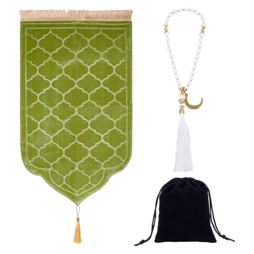 BENECREAT 43.3x26 Inch Muslim Prayer Rug, Soft Memory Foam Prayer Matt with Tasbih Prayer Beads for Portable Ceremony, Green - color: Green