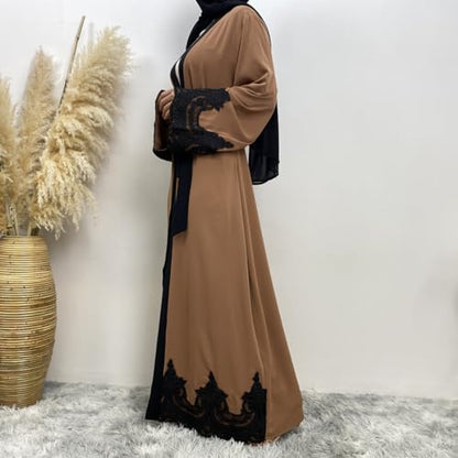 AFAVOM Women Turkey Abaya Islamic Muslim Prayer Dress Embroidered Cardigan Kaftan Dubai Robe Casual Turkish Modest Dress - color: Brown, size: Large