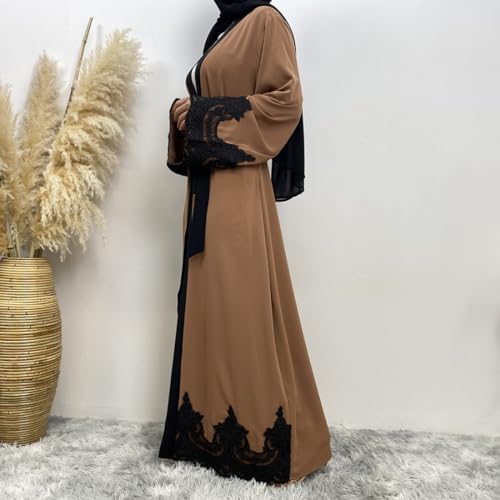 AFAVOM Women Turkey Abaya Islamic Muslim Prayer Dress Embroidered Cardigan Kaftan Dubai Robe Casual Turkish Modest Dress - color: Brown, size: XX-Large