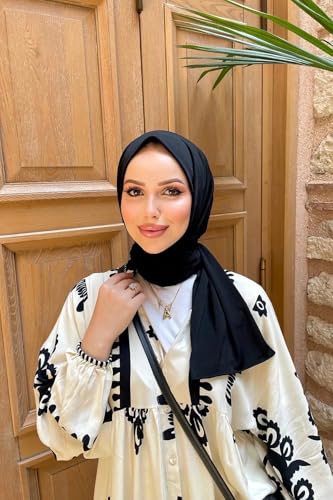 Instant Hijab Scarf for Women – Soft, No-Iron, No-Pins, Ready-to-Wear Hijab – Stretchy & Lightweight Polyester Fabric - color: C1 Black