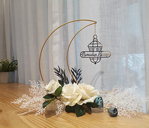 Ramadan Kareem Decorations, Artificial Moon Shape Wreaths Table Decor with Castle Sign, Ramadan Mubarak Metal Rings Floral Ornaments, for Home Desk Fireplace Party Supplies