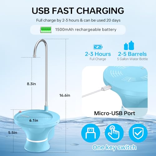 Water Dispenser for 2-5 Gallon Bottle, Electric Drinking Water Bottle Pump, Automatic Water Jug Pump Dispenser, USB Rechargeable and 2 Switch Control for Home, Office, Camping - color: Blue