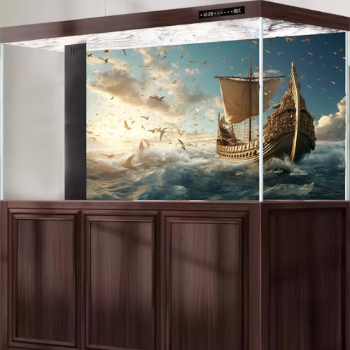 Sailing Ship Aquarium Background Splendid Surfy Ocean Flying Seagulls Fish Tank Background Majestic Golden Pirate Ship Terrarium Backgrounds Deep Seascape Blue Sky Reptile Tank Backgrounds 24x16in - color: Dark Blue, size: 24(W)x16(H)in