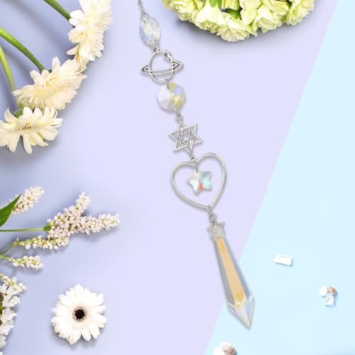 CREATCABIN Crystal Suncatcher Crystal Pendant Rearview Mirror Car Decor Wind Chimes Rainbow David Star Heart Planet Charm Hanging Pendant Ornaments Accessories for Window Balcony Home Garden - style: David Star