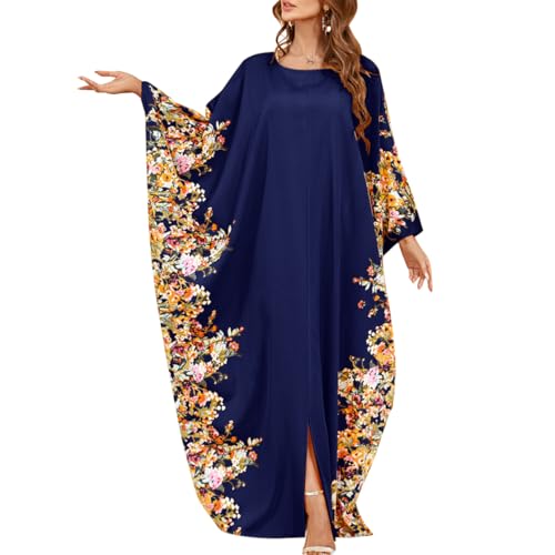 ODIZLI Ramadan Abaya for Women Muslim Batwing Sleeve Floral Print Prayer Dress Dubai Turkey Kaftan - color: Royal Blue