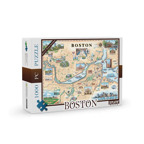 Boston City Map Jigsaw Puzzle – 1000 Pieces, Hand-Drawn Artwork, Educational Family Puzzle, Includes Poster – 19.8” x 26.4” - color: Boston
