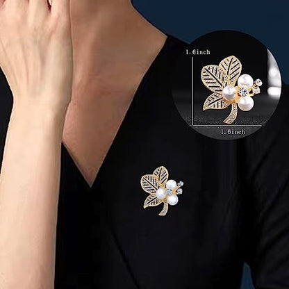 Crystal Pearl Flower Brooches Pins Fashion Beautiful Created Rhinestone Floral Brooch Good Idea for Party Dance Wedding Banquet for Elegant Women Girl - color: Pearl Leaf