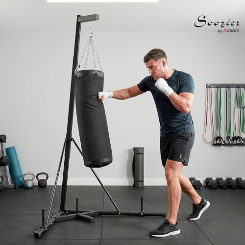 Soozier Punching Bag with Stand for Adults, 72.8"-90.9" Height Adjustable Freestanding Boxing Stand with Canvas Sandbag, Stable Triangular Base and 1" Weight Plate Storage for Home Gym MMA - color: Black