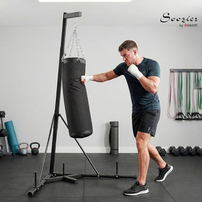 Soozier Punching Bag with Stand for Adults, 72.8"-90.9" Height Adjustable Freestanding Boxing Stand with Canvas Sandbag, Stable Triangular Base and 1" Weight Plate Storage for Home Gym MMA - color: Black