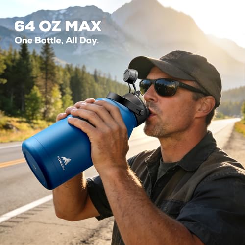 POWCAN 64 oz Insulated Water Bottle with 2-in-1 Straw Spout Lid, Leakproof, Carrier Bag, Shoulder Strap, Keep Cold 48H, Half Gallon Stainless Steel Water Jug for Men, Sports, Camping, Fitness (Indigo) - color: Indigo