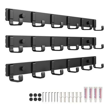 16-Inch Wall Mount Coat Rack with 6 Hooks, Compact Hooks for Hanging Coats, Hats, Bags and Purses in Entryway, Bedroom, Bathroom or Closet, Install with Strong Glue or Screws (3-Pack) - color: Black - 3 Pack