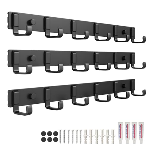 16-Inch Wall Mount Coat Rack with 6 Hooks, Compact Hooks for Hanging Coats, Hats, Bags and Purses in Entryway, Bedroom, Bathroom or Closet, Install with Strong Glue or Screws (3-Pack) - color: Black - 3 Pack