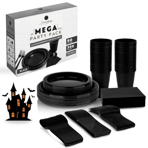 Grandipity Disposable Plastic Dinnerware Sets for Parties (350 pcs) - color: Black, size: 50 Guests (350 PCS)