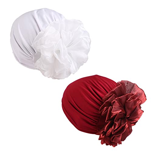 Women Flower Elastic Turban Beanie Head Scarf wrap Chemo Cap hat for Cancer Patient - color: White Red