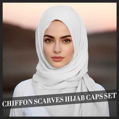 4 Pcs Women Solid Chiffon Hijab Scarves and Undercap Set Long Shawl Soft Wrap Scarves Muslim Inner Hijab Caps - color: Black, White