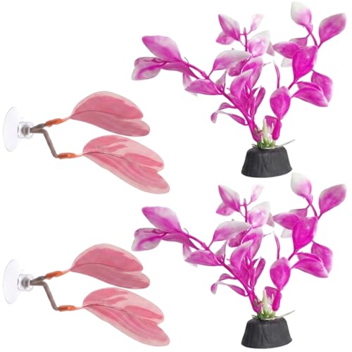 4 PCS Pink Fish Tank Decor, Fish Hammock Resting Leaf, Artificial Underwater Plants Decorations, Set of Two Pink Aquarium Decor with Two Betta Fish Leaves
