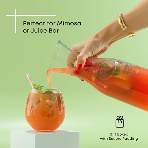 JoyJolt Glass Carafe with Lid, Set of 4 – 1 Liter Glass Pitcher for Mimosa Bar, Water, Iced Tea, Juice, Wine, Lemonade, Milk – Dishwasher Safe Beverage Drink Dispensers for Brunch, Parties - size: Set of 4, 36 Ounces each