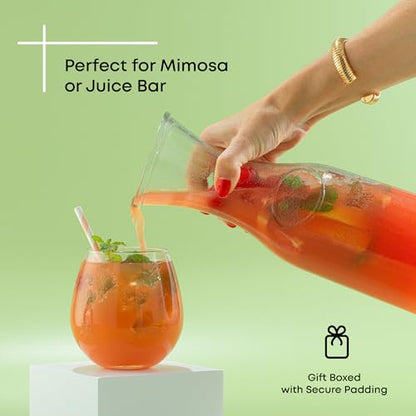 JoyJolt Glass Carafe with Lid, Set of 4 – 1 Liter Glass Pitcher for Mimosa Bar, Water, Iced Tea, Juice, Wine, Lemonade, Milk – Dishwasher Safe Beverage Drink Dispensers for Brunch, Parties - size: Set of 4, 36 Ounces each