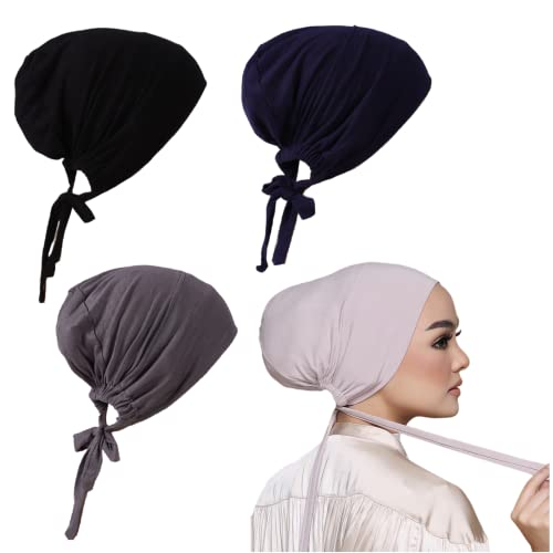 3 Pieces Adjustable Muslim Inner Under Hijab Cap with Ties Back Islamic Under Scarf Bonnet Caps Chemo Cap - color: Black