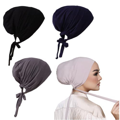 3 Pieces Adjustable Muslim Inner Under Hijab Cap with Ties Back Islamic Under Scarf Bonnet Caps Chemo Cap - color: Black