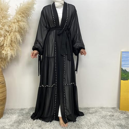 Abayas For Women Muslim Ramadan Long Sleeve Open Front Imitation Pearls Tiered Chiffon Dress Cardigan with Belt Dubai Kaftan - color: Black, size: Large