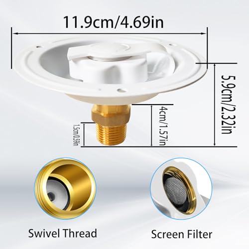 RV City Water Inlet With Check Valve, 3/4 NH Female to 1/2 NPT Male Flange Fresh Water Replacement, Dust Plug for Camper Motorhome, White