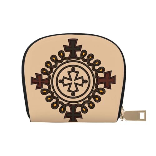 Ethiopian Cross RFID Blocking Semi Circle Card Holder PU Leather Zipper Wallet Pouch Keychain Bag for Women Men, Slim Small Credit Card Case Organizer with 12 Slots - color: Ethiopian Cross2