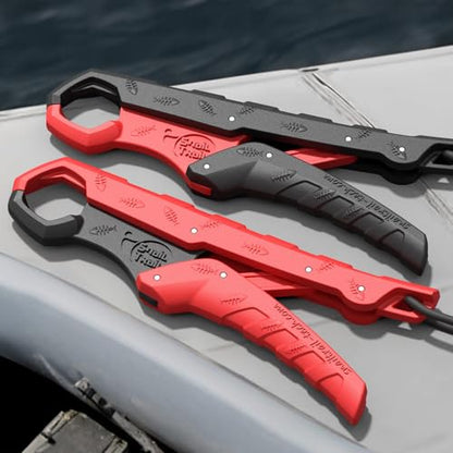 7.5'' Floating Fish Gripper, Fishing Grabber | Catfish Mouth Pliers, Caught Bass Holder, Fish Scale Hook Clamp, Saltwater Lip Grip Tool with Lanyard, Gifts for Men - color: Red-black