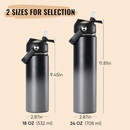 Fijinhom 24oz Insulated Stainless Steel Water Bottle, Wide Mouth Double Wall Vacuum, Silicone Straw, Sweat & Leak Proof, BPA Free Insulated Water Flask for Travel, Keep Cold 24h Hot 12h, Grey - color: Grey Gradient, size: 24 Ounces