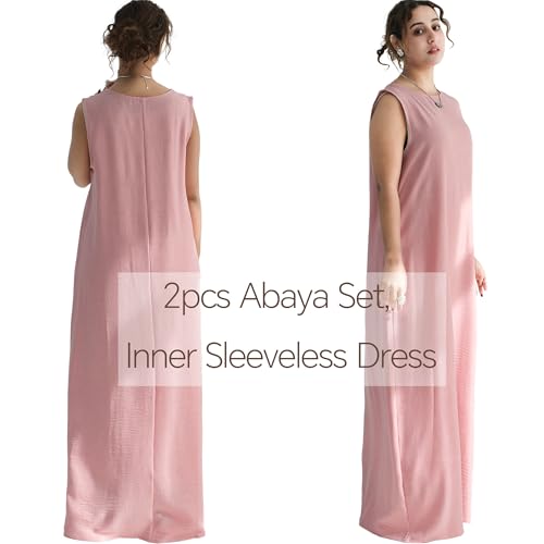 Lenmipot Elegant Middle Eastern Abaya 2pcs Stand Collar Maxi Dress for Women Muslim Jilbab Kaftan Eid Dubai Abaya Outfits - color: Pinka, size: X-Large