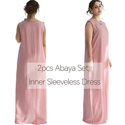 Lenmipot Elegant Middle Eastern Abaya 2pcs Stand Collar Maxi Dress for Women Muslim Jilbab Kaftan Eid Dubai Abaya Outfits - color: Pinka, size: X-Large